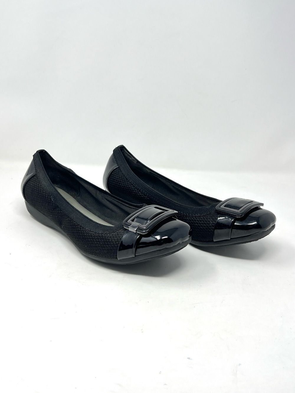 Anne Klein iFlex Akunice Black Knit Patent Ballet Flats Buckle 8M